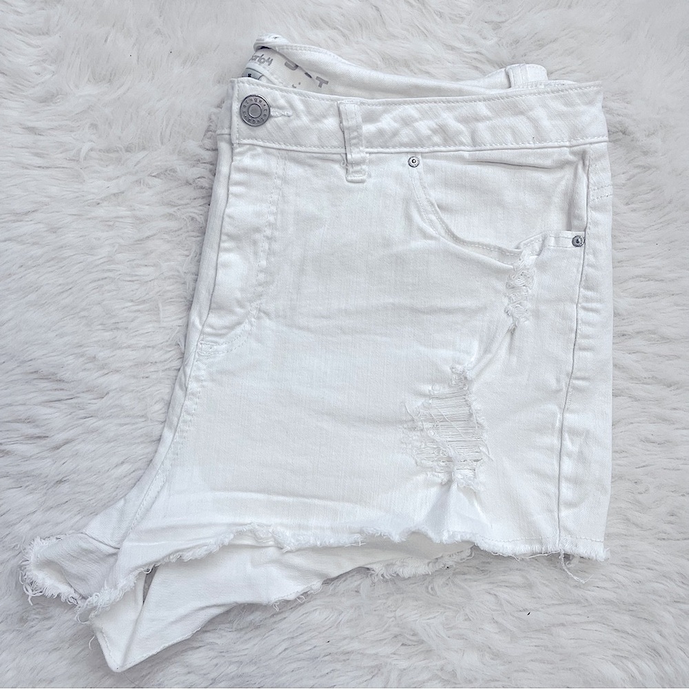 Women's White Distressed High Rise Cheeky Denim Shorts Size 16